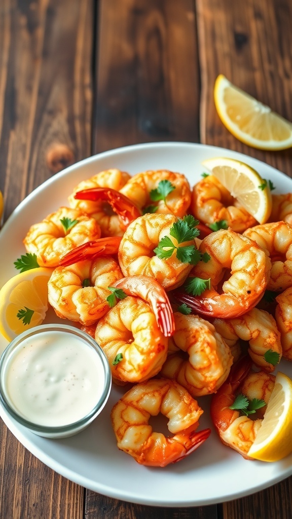 Crispy Air Fryer Shrimp Recipe Crispy air fryer shrimp on a plate with parsley and lemon wedges.